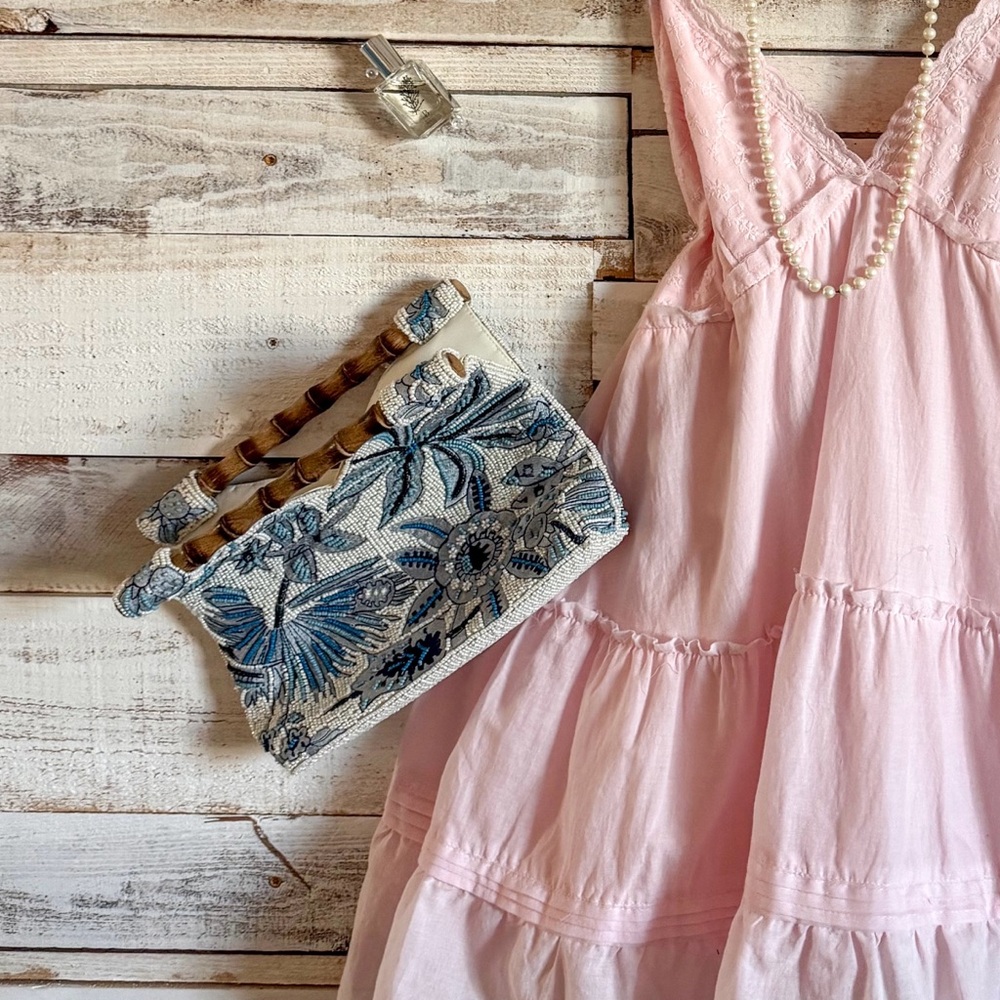 Blue Floral Beaded Clutch Bag - Unbranded